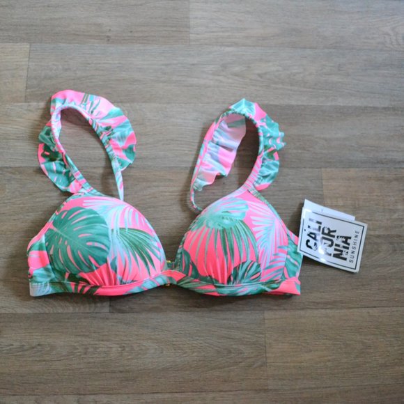 NWT California Sunshine Bust Enhancer Ruffle-Strap Palm Bikini Top Size Large - Picture 3 of 6